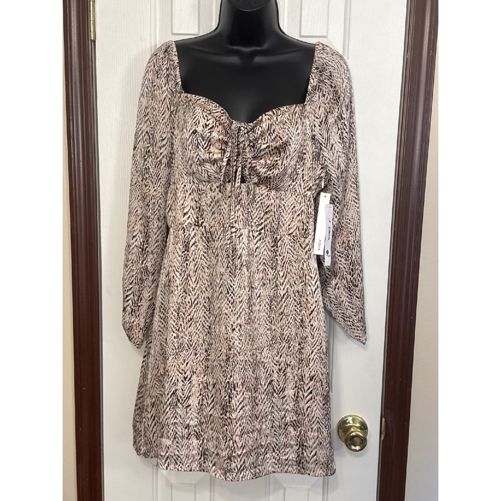 AQUA Smocked Mini‎ Dress Animal Print Long Sleeve Sweetheart Neck XL